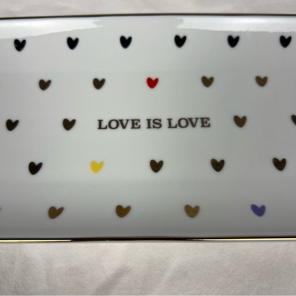 Williams Sonoma Love is Love tray with gold trim and multicolored hearts. - Picture 3 of 6